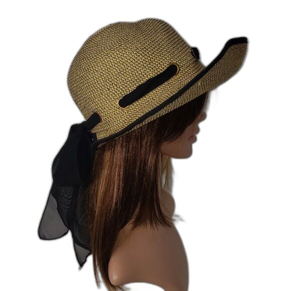 Shade Shack Tan Paper Straw Hat With Sheer Black Scarf Bow Womens Size S/M - Picture 2 of 9